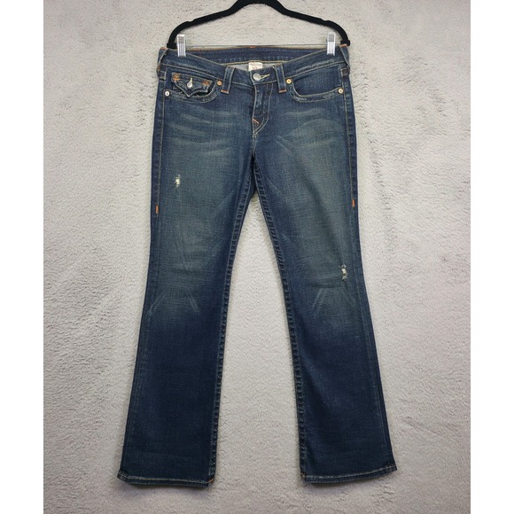 True Religion Becky Jeans Womens 30 Blue Bootcut Low Rise Dark Wash Distress Y2K - Picture 1 of 16